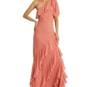 Ralph Lauren Pink/Coral Asymmetrical One-Shoulder Ruffled Gown